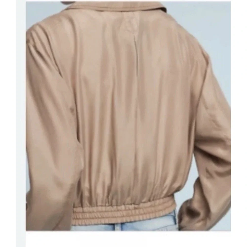 Cartonnier Anthropologie Pia Silk Bomber Jacket Zip Utility Size S Khaki‎ Tan